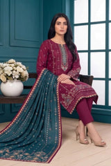 3 Piece - Marooj Ethnic Premium Printed Unstitched Plum khaddar Suit
