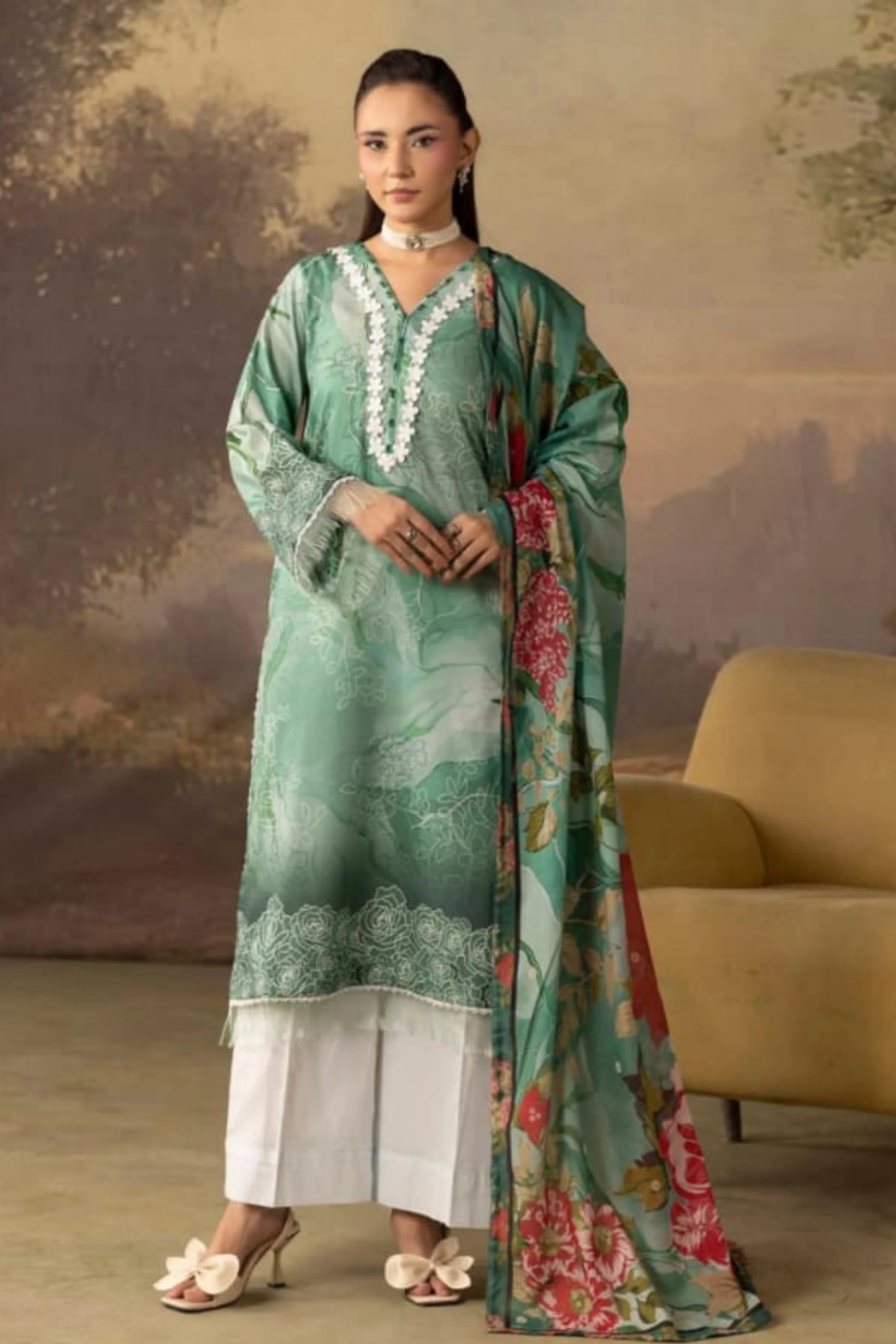 3 Pieces - Rangreza Unstitched Mint Green Lawn Suit