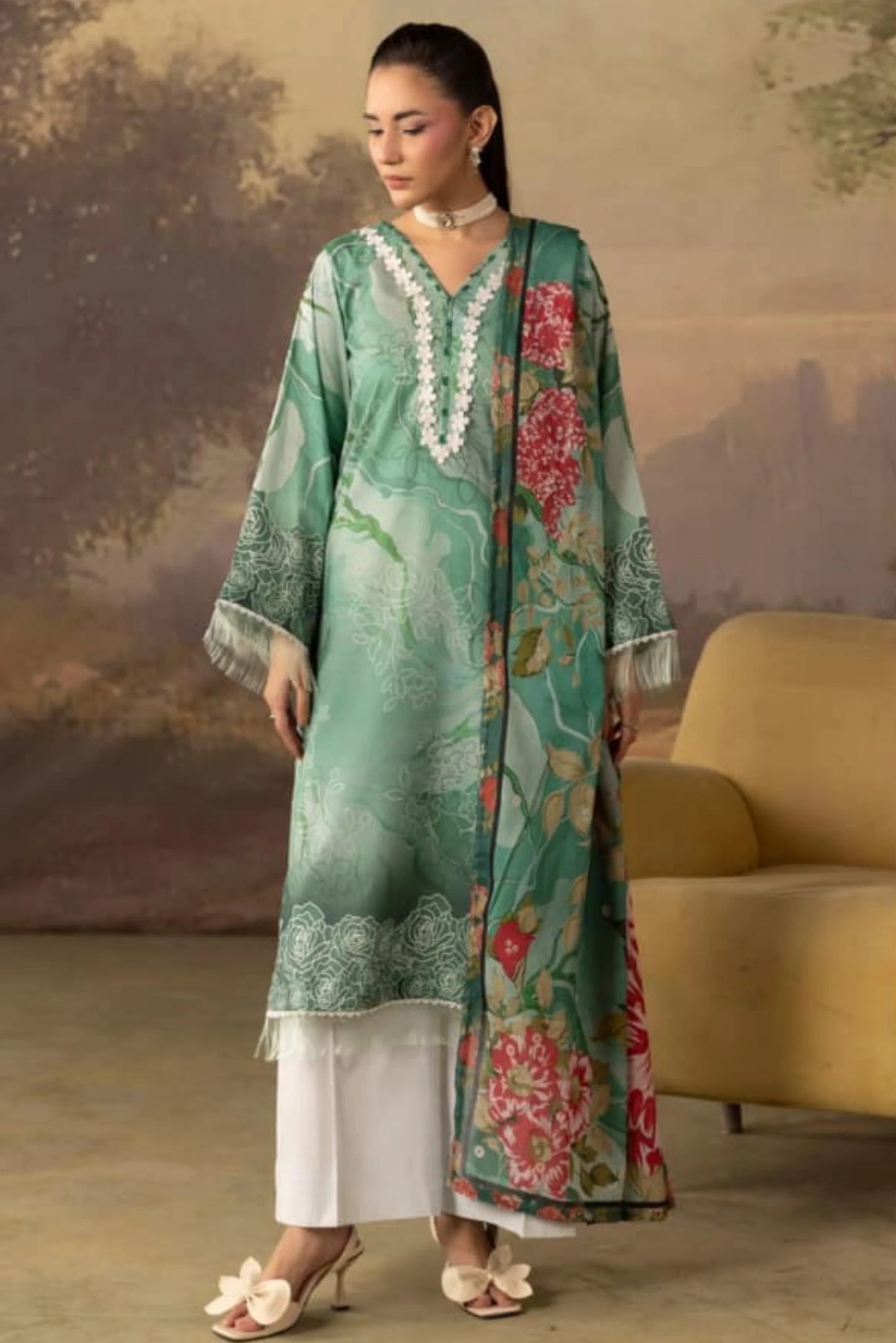 3 Pieces - Rangreza Unstitched Mint Green Lawn Suit