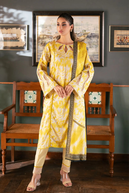 3 Pieces - Regalia Unstitched Pale Yellow Bana Dora Lawn Suit 