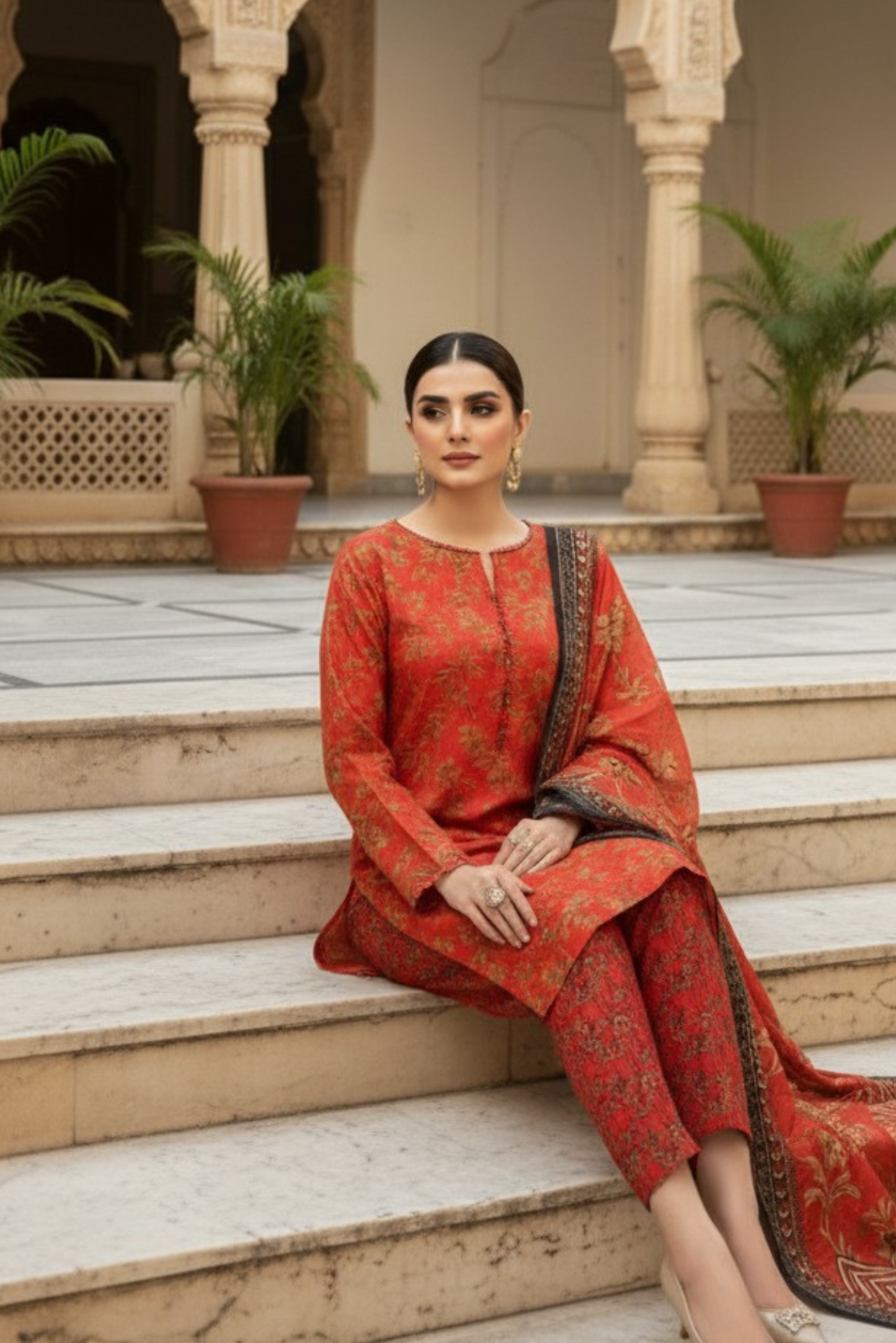 3 Pieces - Marooj Unstitched Redish BanaDora Linen Suit