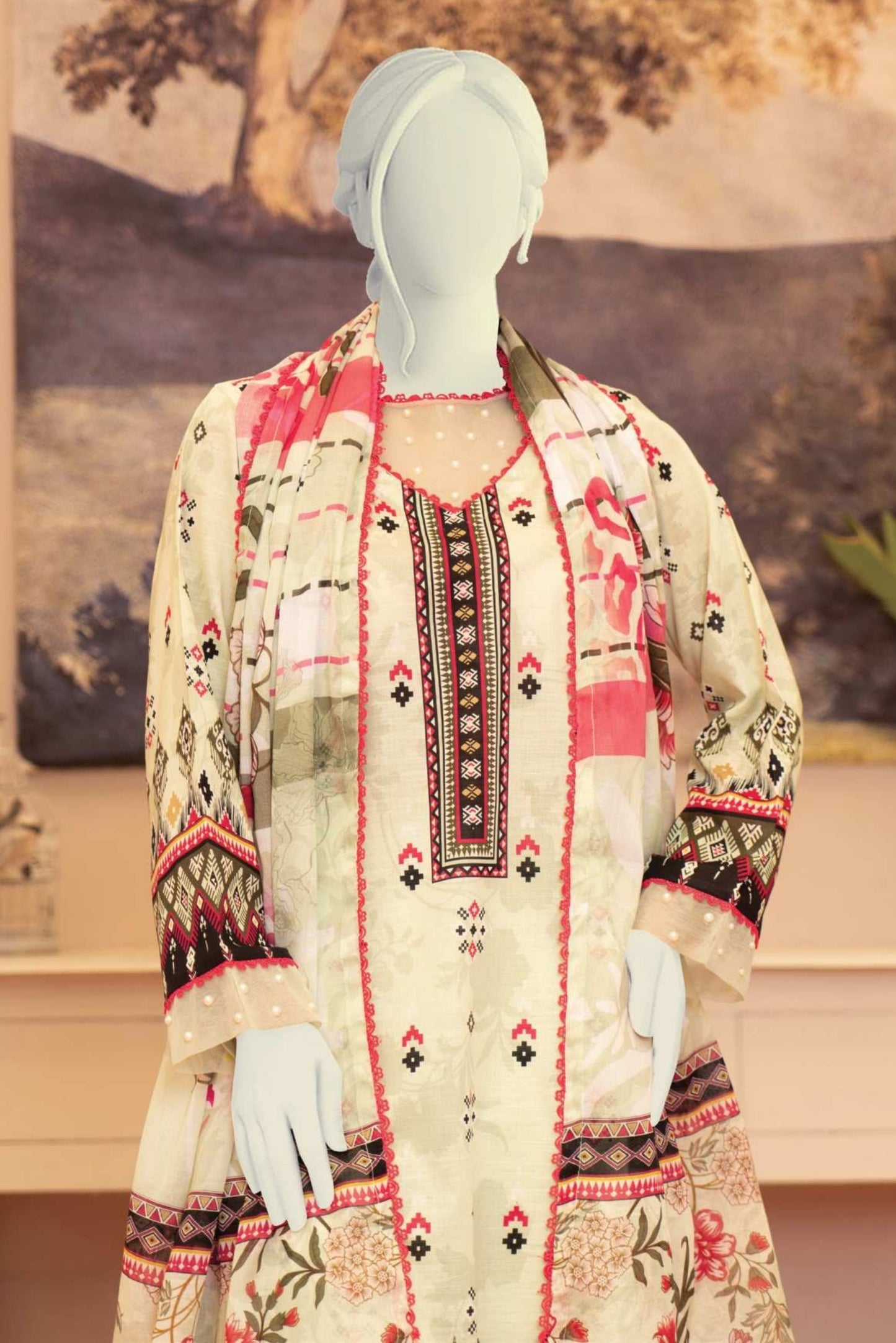 3 Pieces - Murashee Unstitched Off White Printed Lawn Suit
