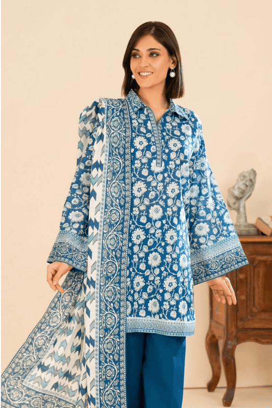 3 Pieces - GulAhmed Unstitched Blue Printed Khaddar Suit