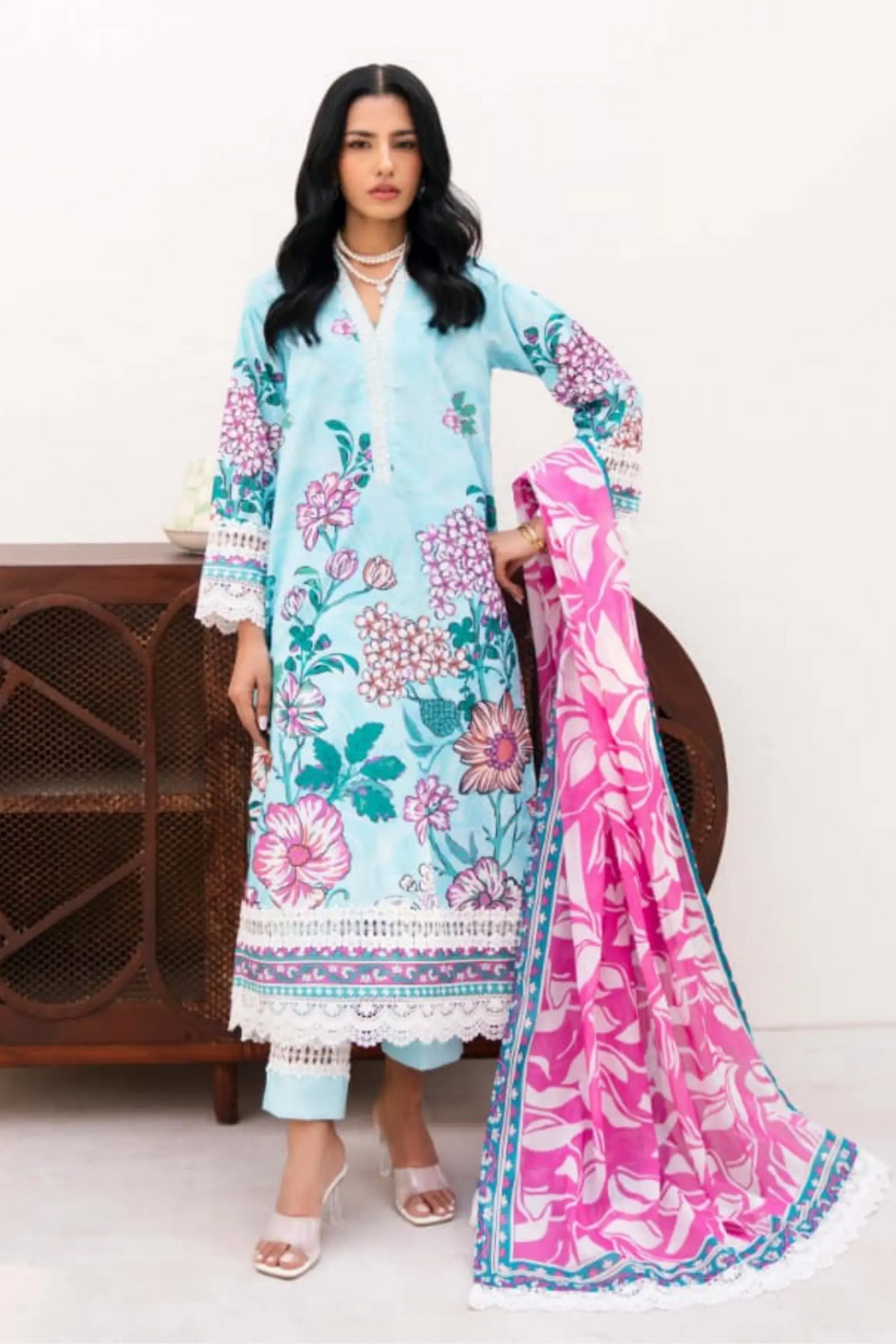 3 Pieces - Yakeen By Asifa Unstitched  Sky Blue Ladies Lawn Suit
