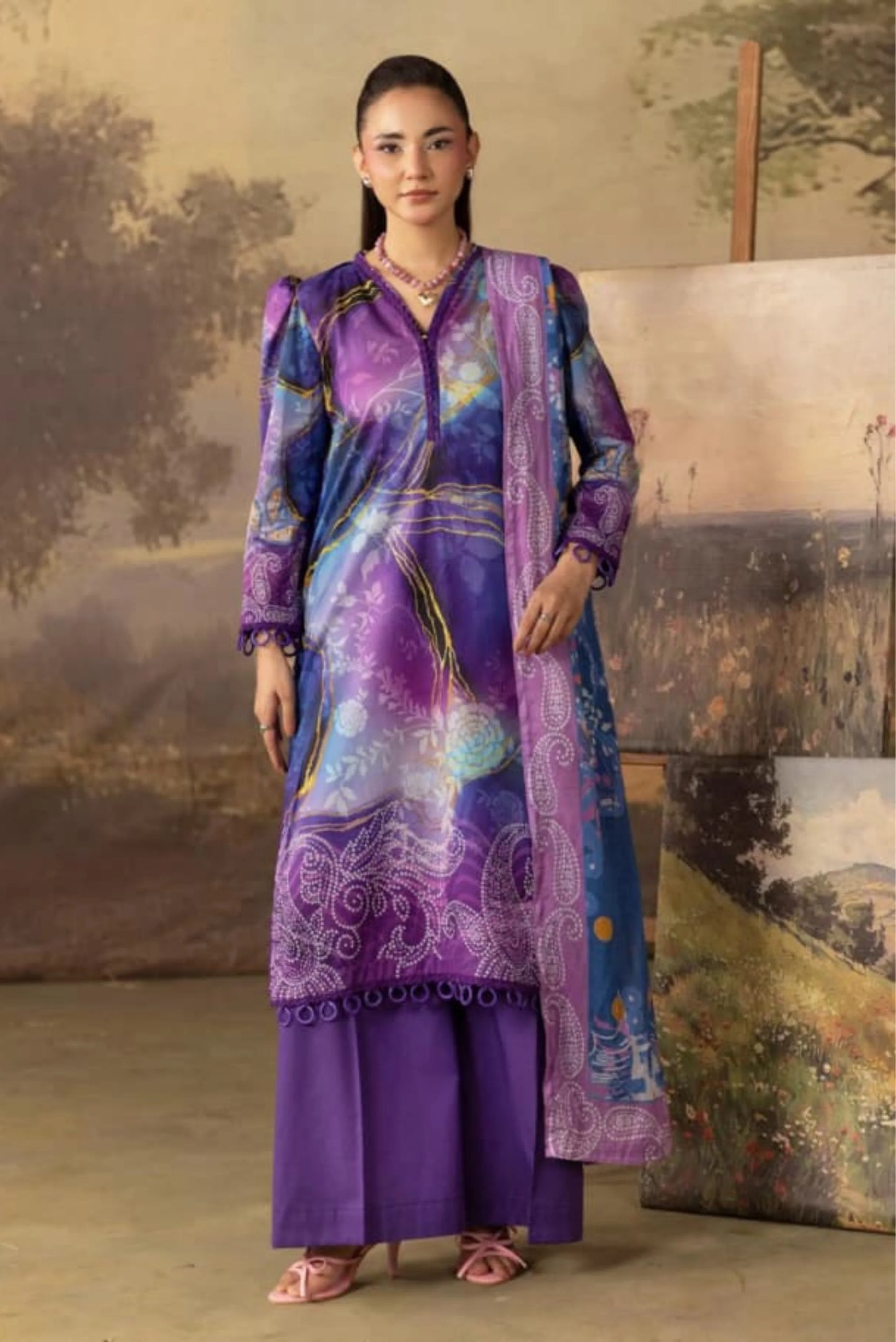 3 Pieces - Rangreza Unstitched Purple Lawn Suit
