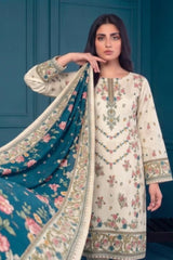 3 Piece - Marooj Ethnic Premium Printed Unstitched Off-white khaddar Suit
