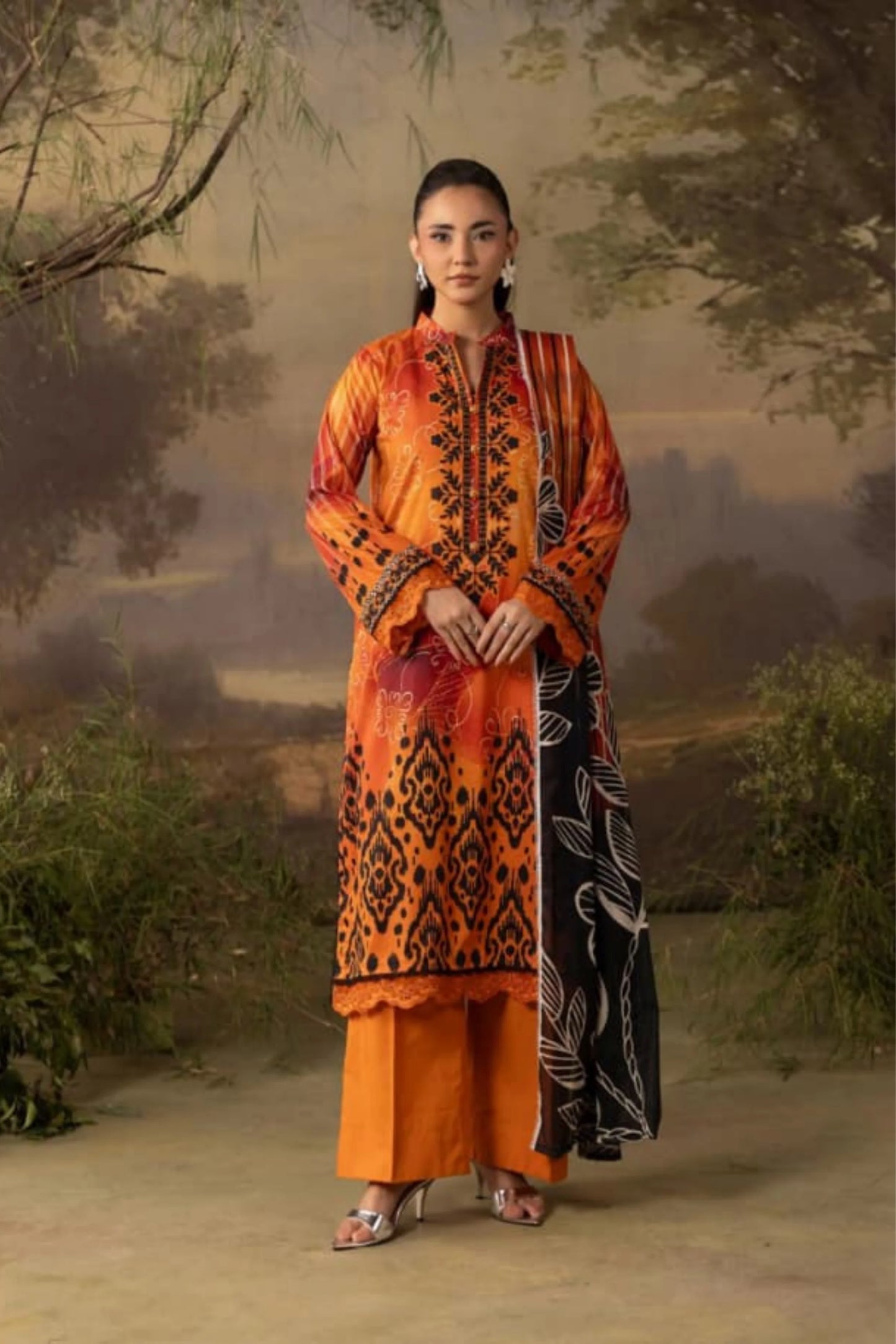 3 Pieces - Rangreza Unstitched Orange Lawn Suit