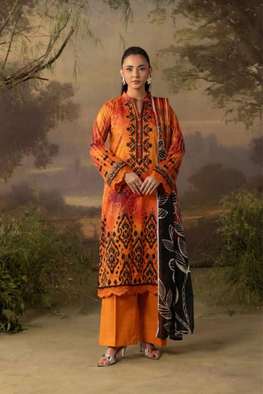 3 Pieces - Rangreza Unstitched Orange Lawn Suit