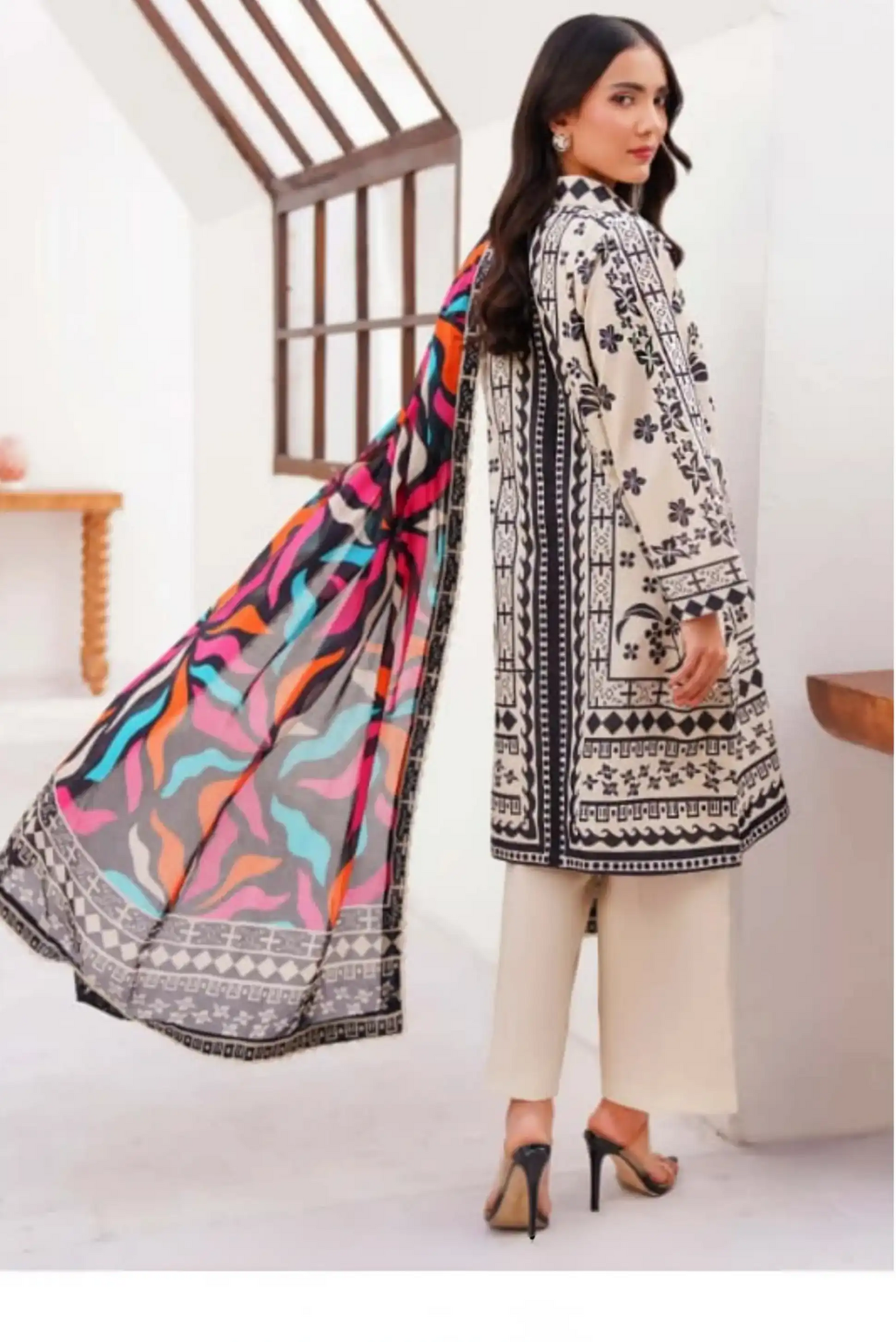 3 Pieces - Yakeen By Asifa Unstitched  Cream Ladies Lawn Suit