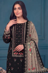 3 Piece - Marooj Ethnic Premium Printed Unstitched Black khaddar Suit