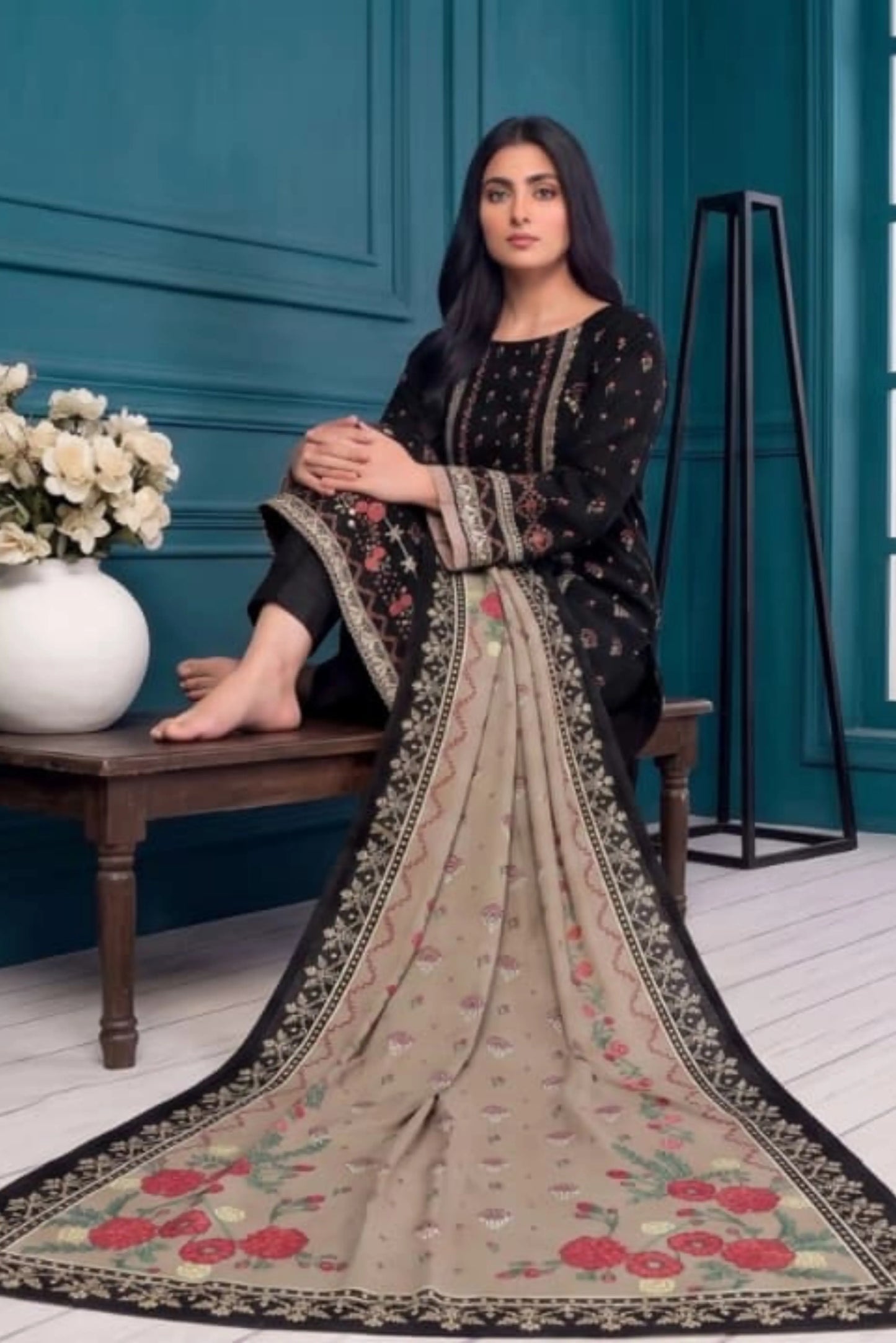 3 Piece - Marooj Ethnic Premium Printed Unstitched Black khaddar Suit