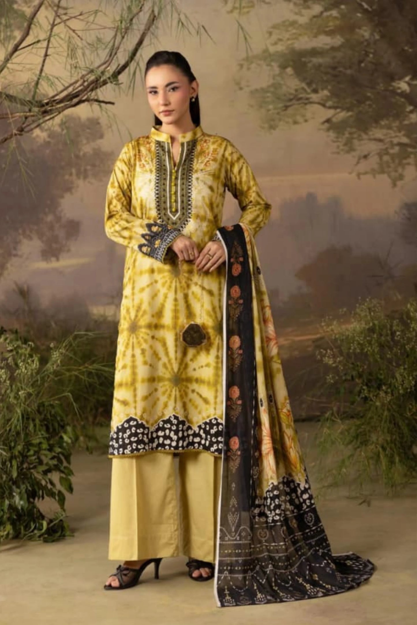 3 Pieces - Rangreza Unstitched Base Yellow Lawn Suit