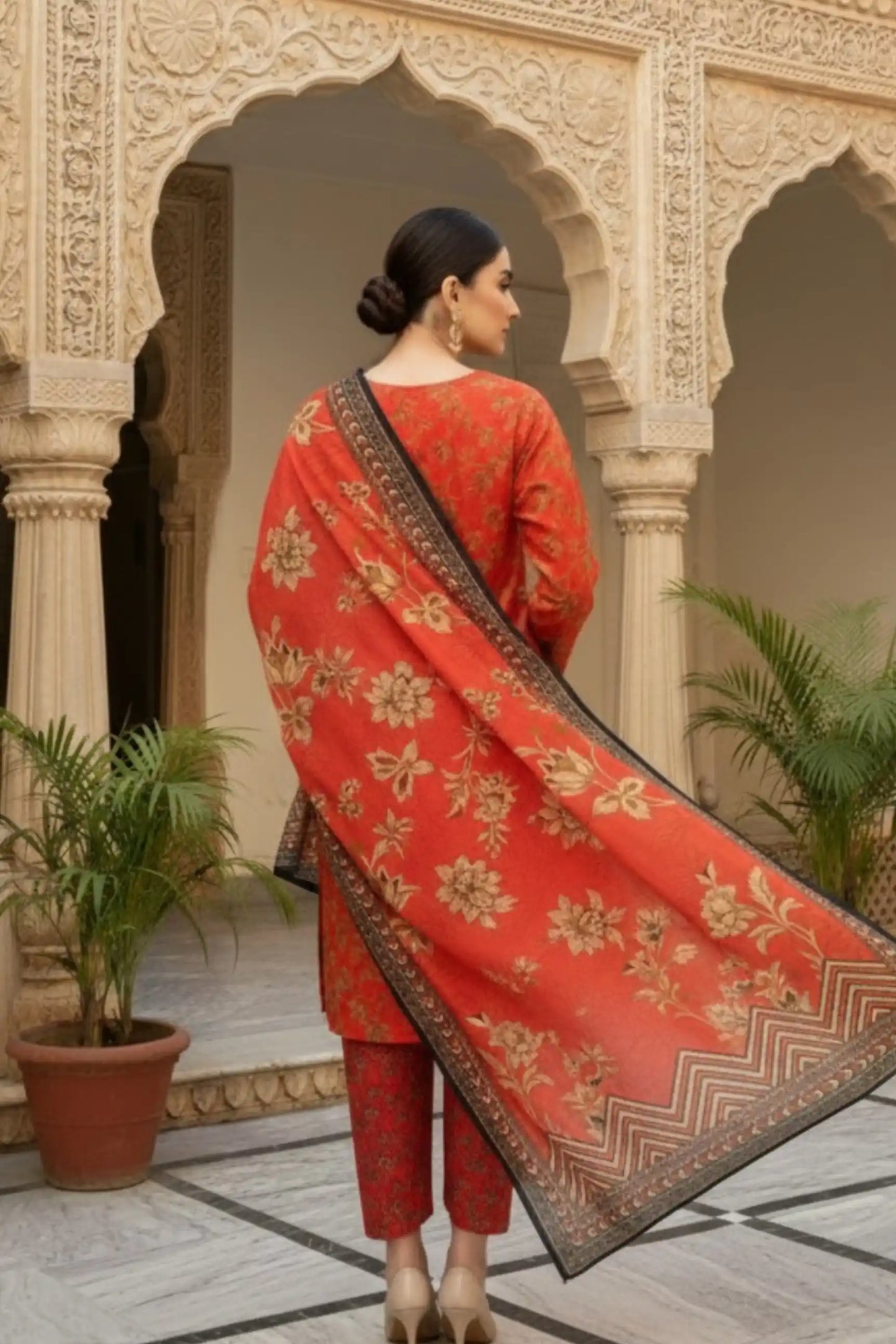 3 Pieces - Marooj Unstitched Redish BanaDora Linen Suit