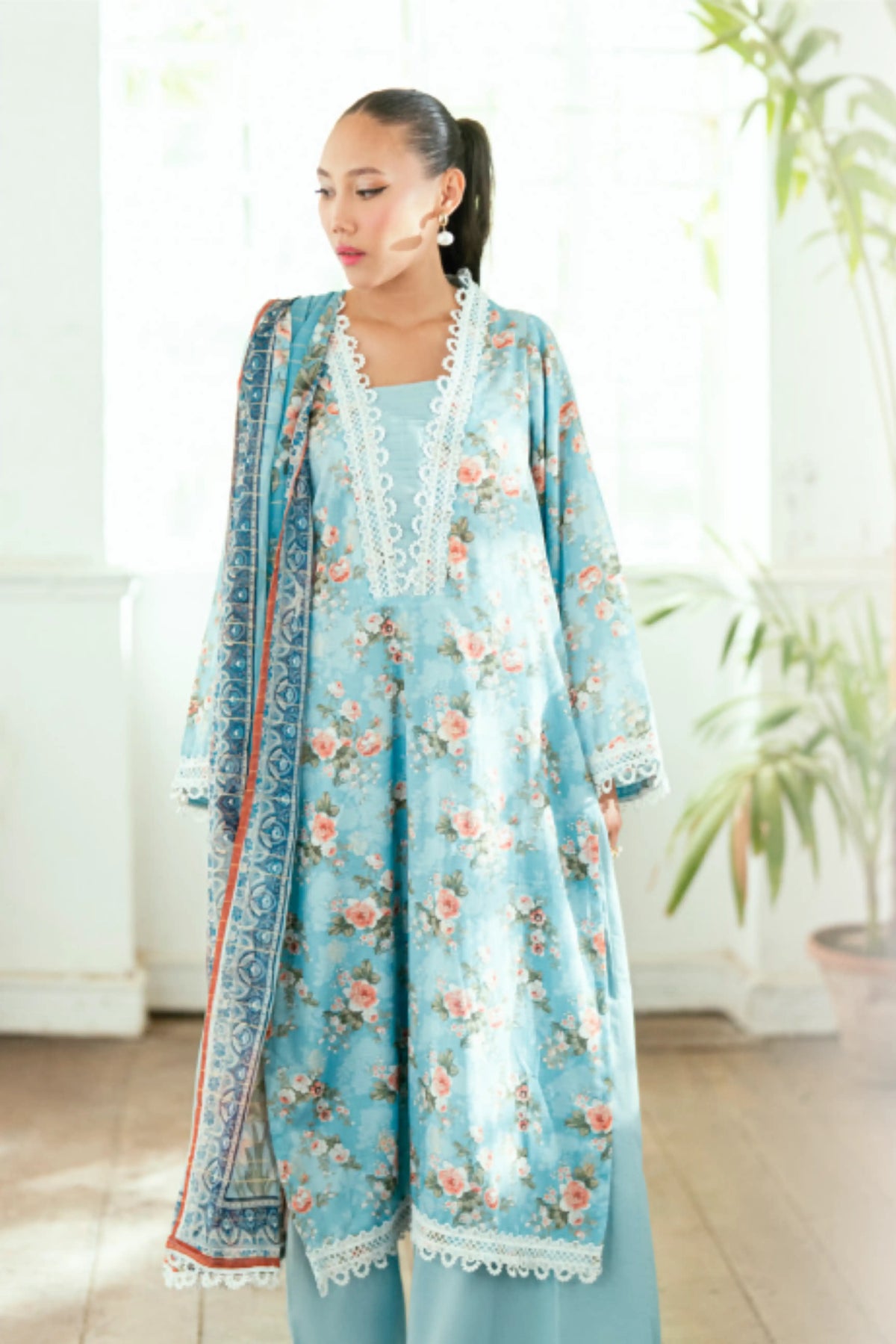 3 Pieces - Regalia Unstitched Sky Blue Jscquard Cambric Suit