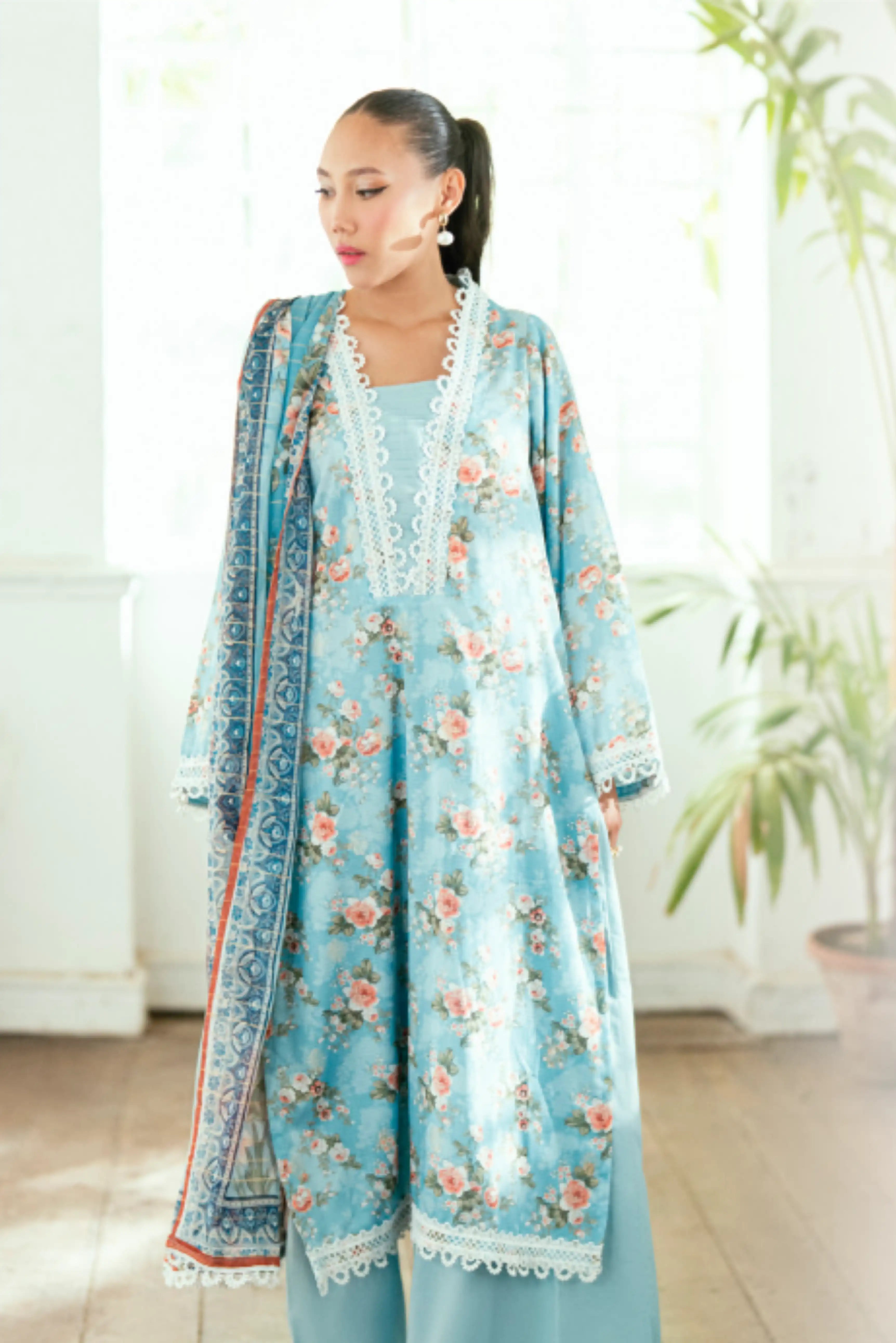 3 Pieces - Regalia Unstitched Sky Blue Jscquard Cambric Suit
