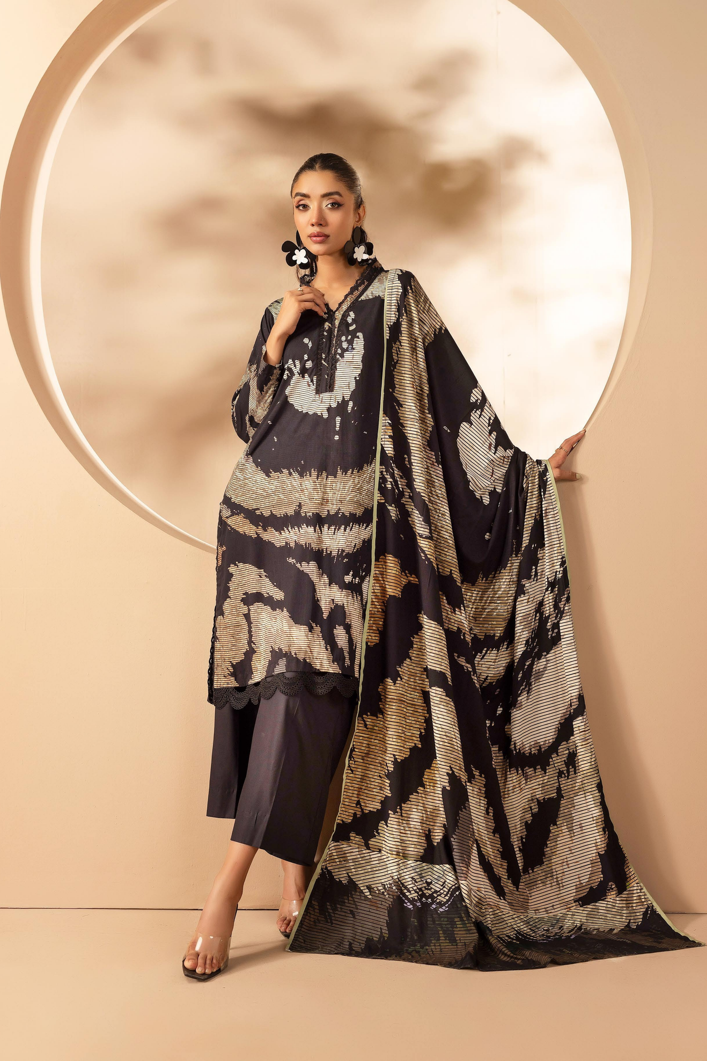 3 Pieces - Rangreza Unstitched Black Printed Linen Suit