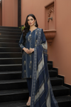 3 Pieces - Marooj Unstitched Dark Blue Printed Khaddar Suit