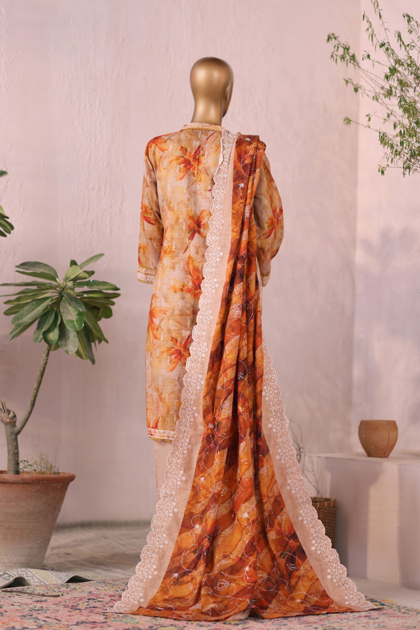 3 Pieces - Riwayat Unstitched Orange Embroidered Dupatta & Embroidered Shirt Suit