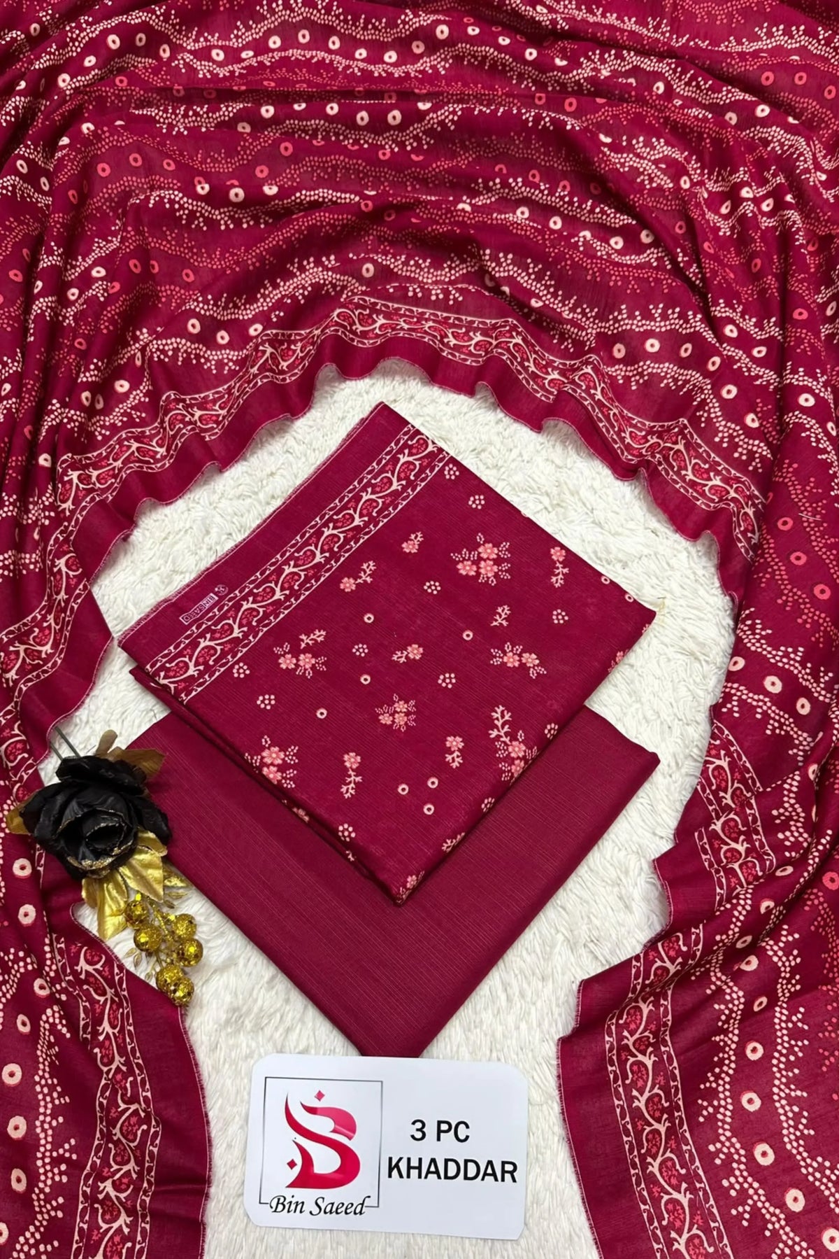 3 Pieces - Bin Saeed Unstitched Maroon Ladies Printed Khaddar Suit