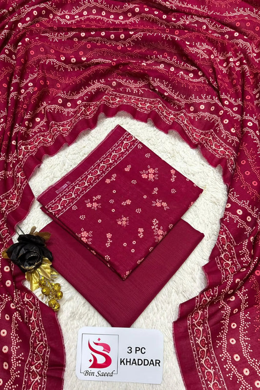 3 Pieces - Bin Saeed Unstitched Maroon Ladies Printed Khaddar Suit