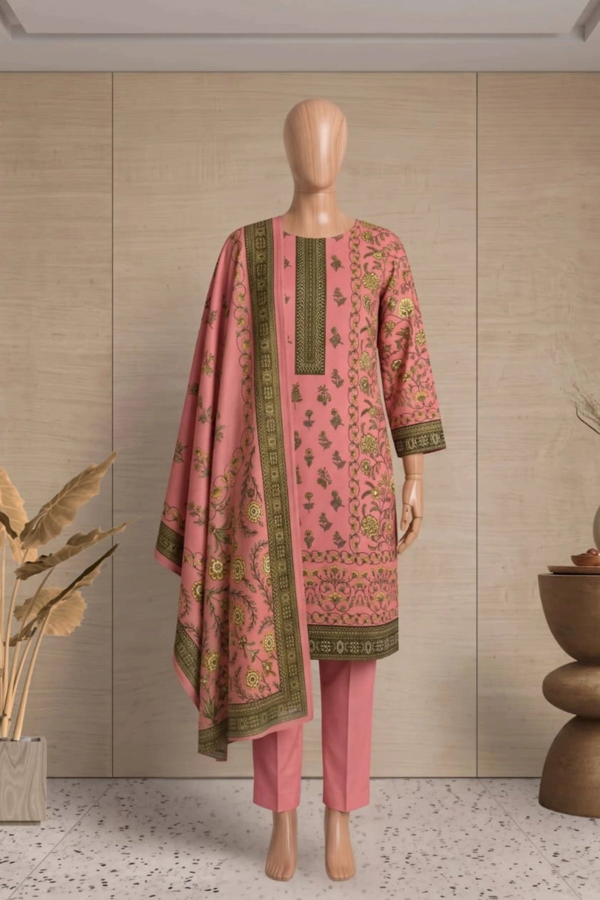 3 Pieces - Rijja By Murashe Unstitched Baby Pink Ladies Printed  Khaddar Suit