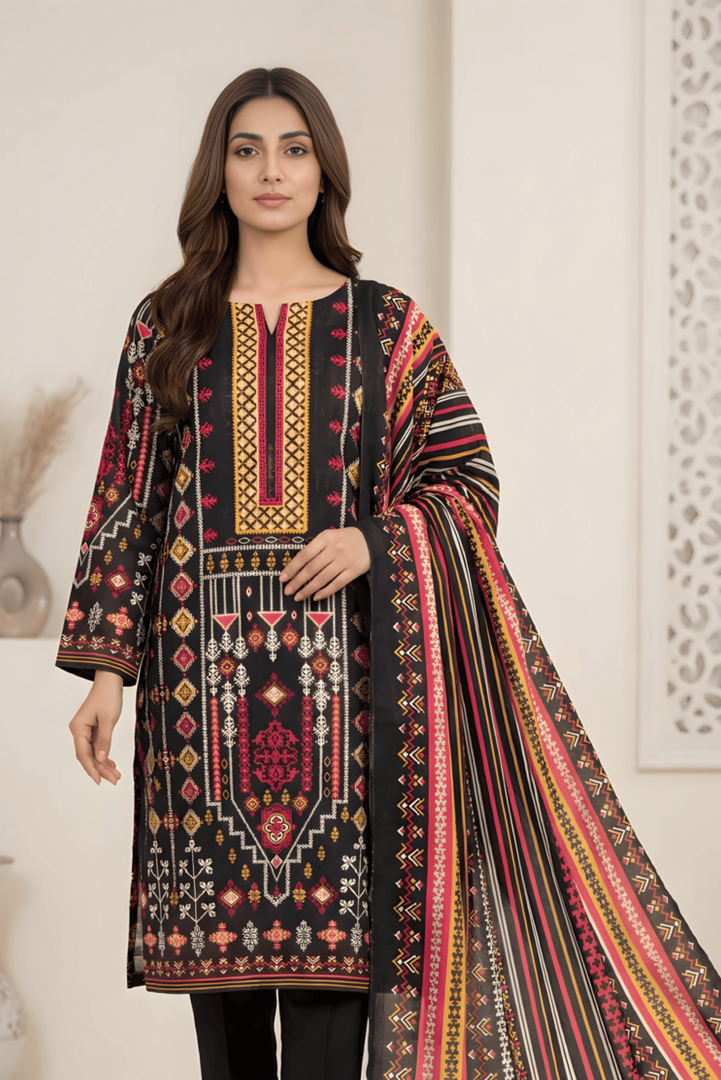 3 Pieces - Marooj Unstitched Jet Black Transliminor Magic Print Lawn Suit