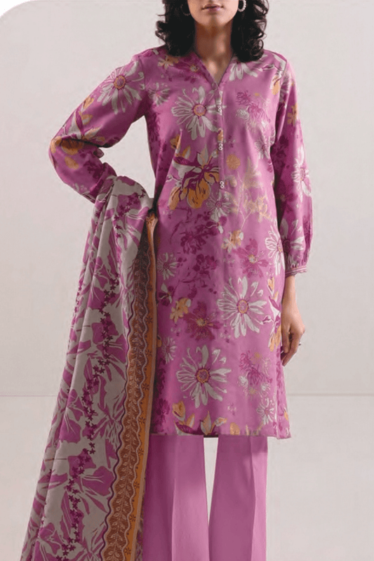 3 Pieces - Saya Unstitched Baby Pink Printed Khaddar Suit