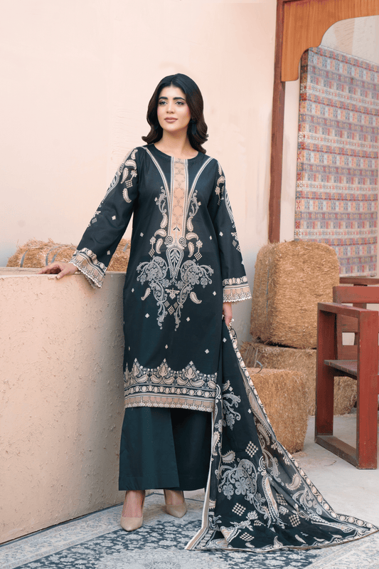 3 Piece - Gold Unstitched Black Printed Lawn Suit