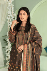 3 Pieces - Aizal Unstitched Brown Printed Shamray Linen Suit