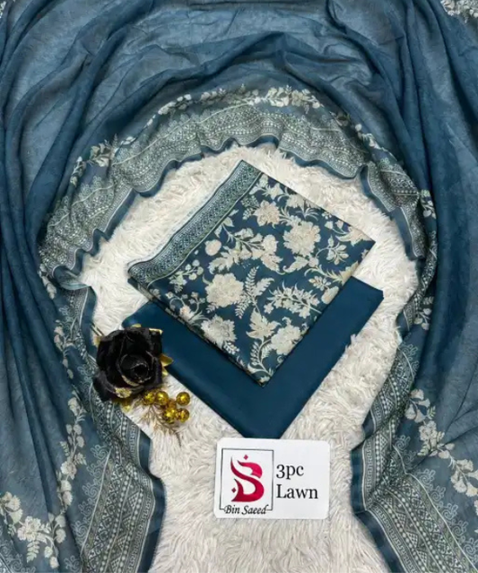 3 Pieces - Bin Saeed Unstitched Greyish-Blue Ladies Lawn Suit
