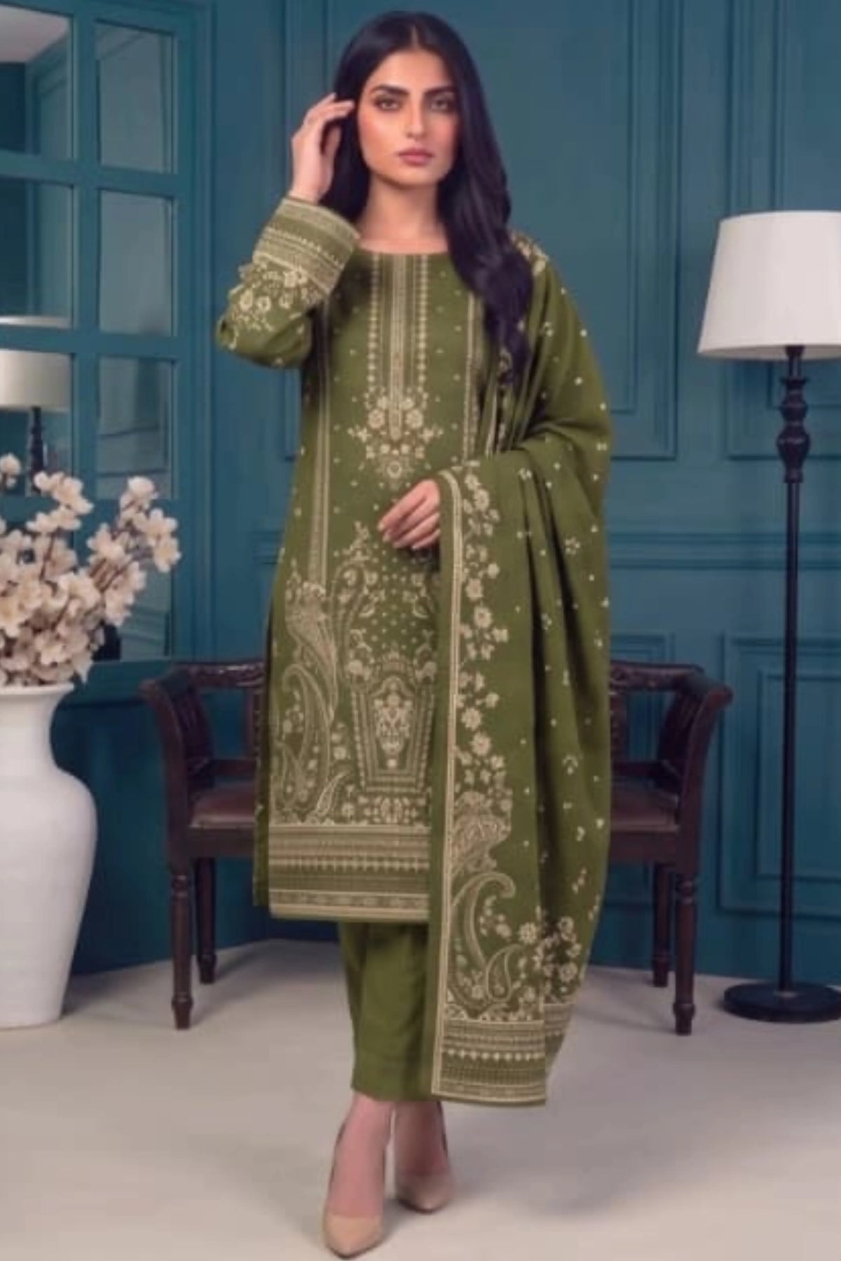 3 Piece - Marooj Ethnic Premium Printed Unstitched Mehandi khaddar Suit