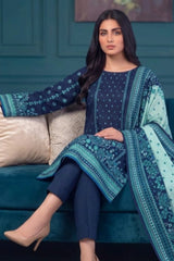 3 Piece - Marooj Ethnic Premium Printed Unstitched Blue khaddar Suit