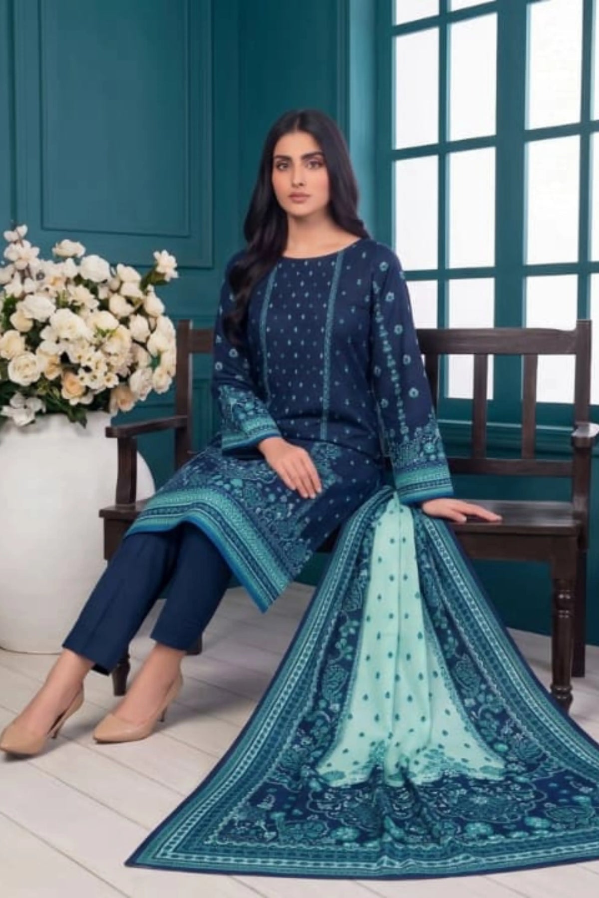 3 Piece - Marooj Ethnic Premium Printed Unstitched Blue khaddar Suit