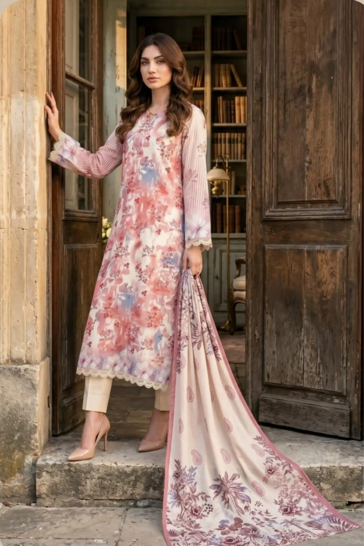3 Pieces -Sonu Ali  Unstitched  Baby Pink Ladies Lawn Suit