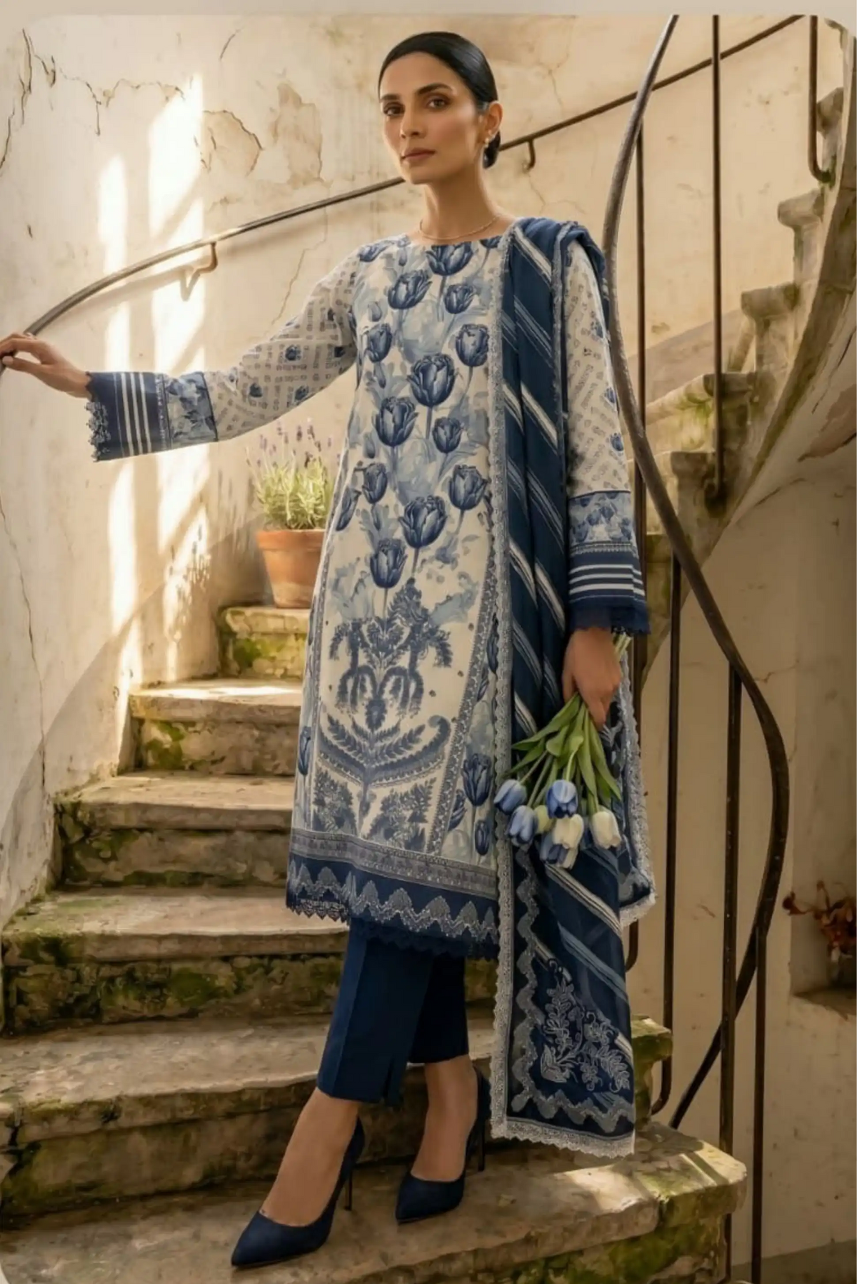 3 Pieces -Sonu Ali  Unstitched  White Ladies Lawn Suit