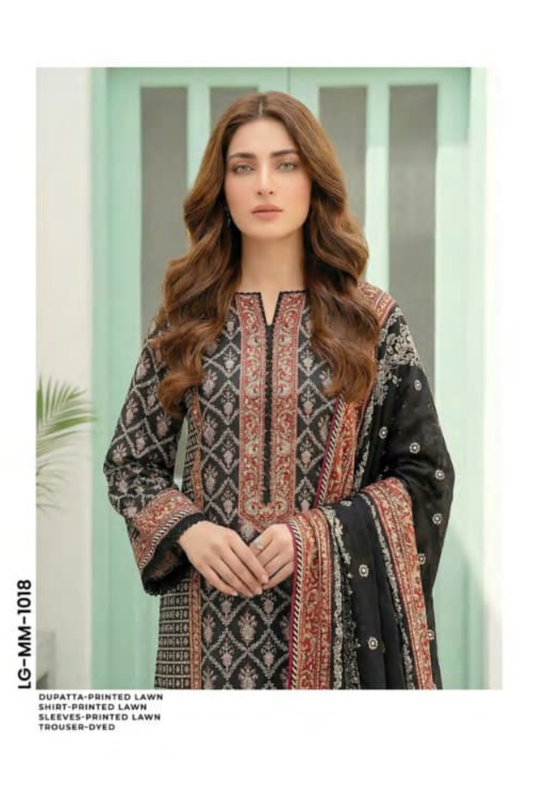 3 Pieces - Lakhany  Unstitched Black Lawn Suit
