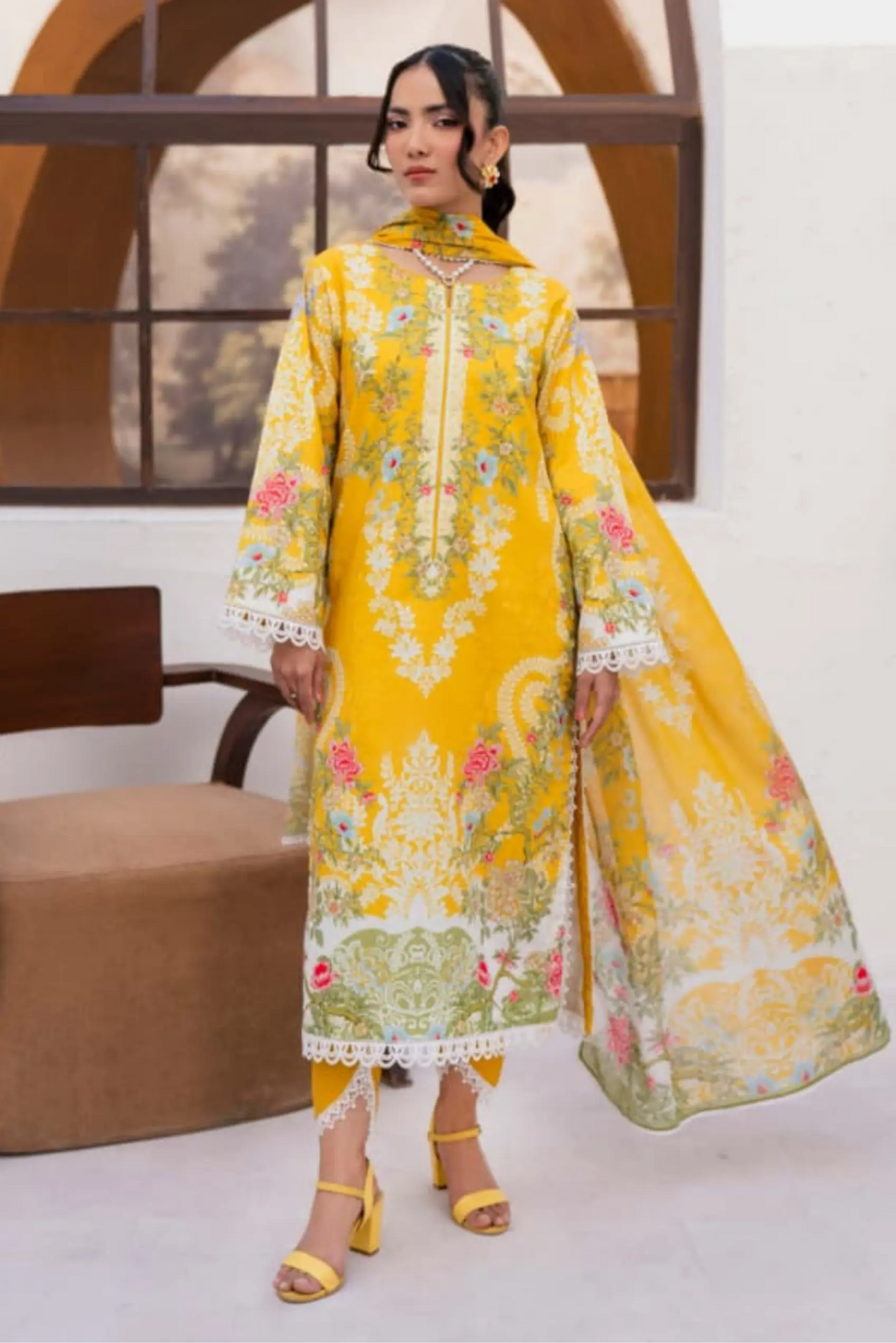 3 Pieces - Yakeen By Asifa Unstitched  Yellow Ladies Lawn Suit