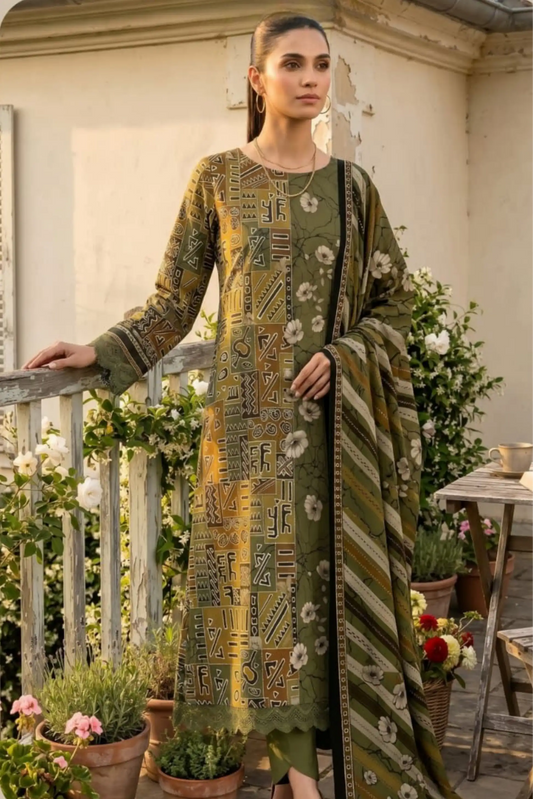 3 Pieces -Sonu Ali  Unstitched  Green Lawn Suit