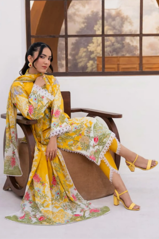 3 Pieces - Yakeen By Asifa Unstitched  Yellow Ladies Lawn Suit