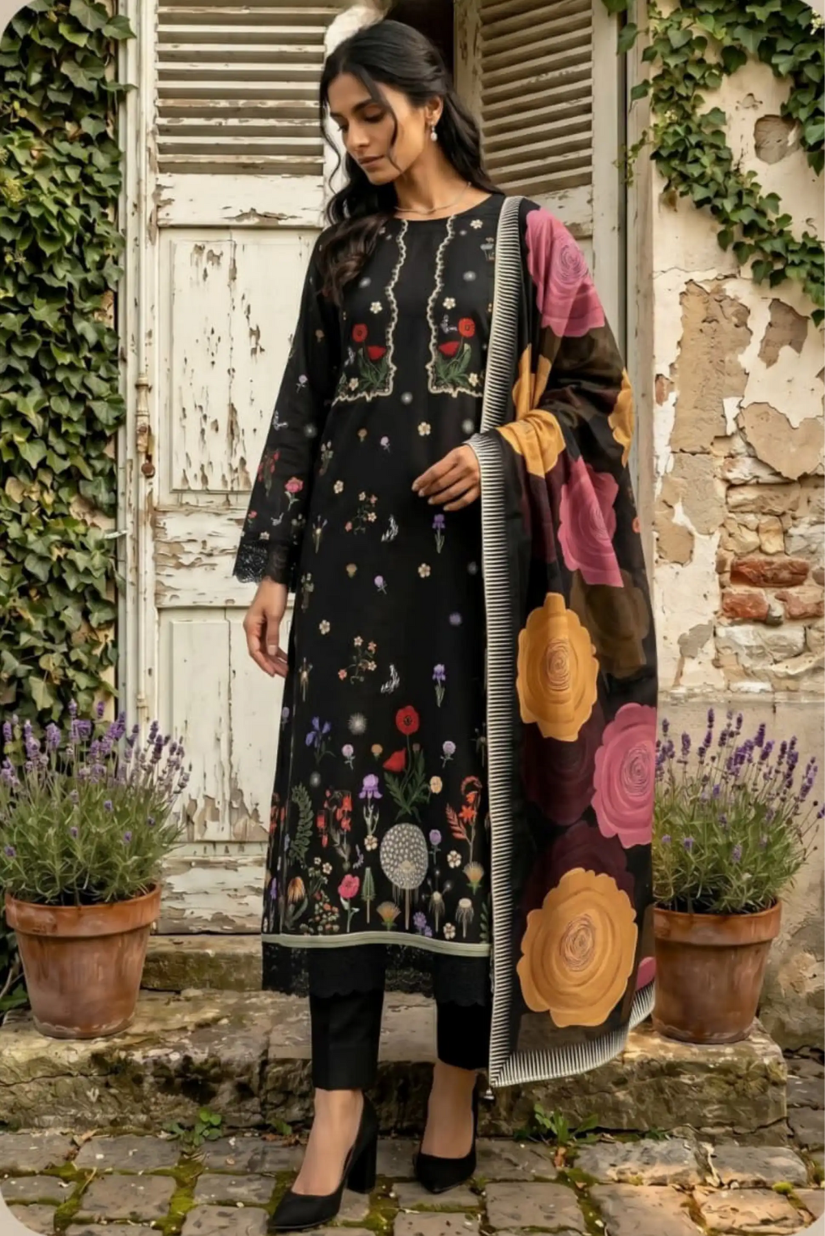 3 Pieces -Sonu Ali  Unstitched  Black Lawn Suit