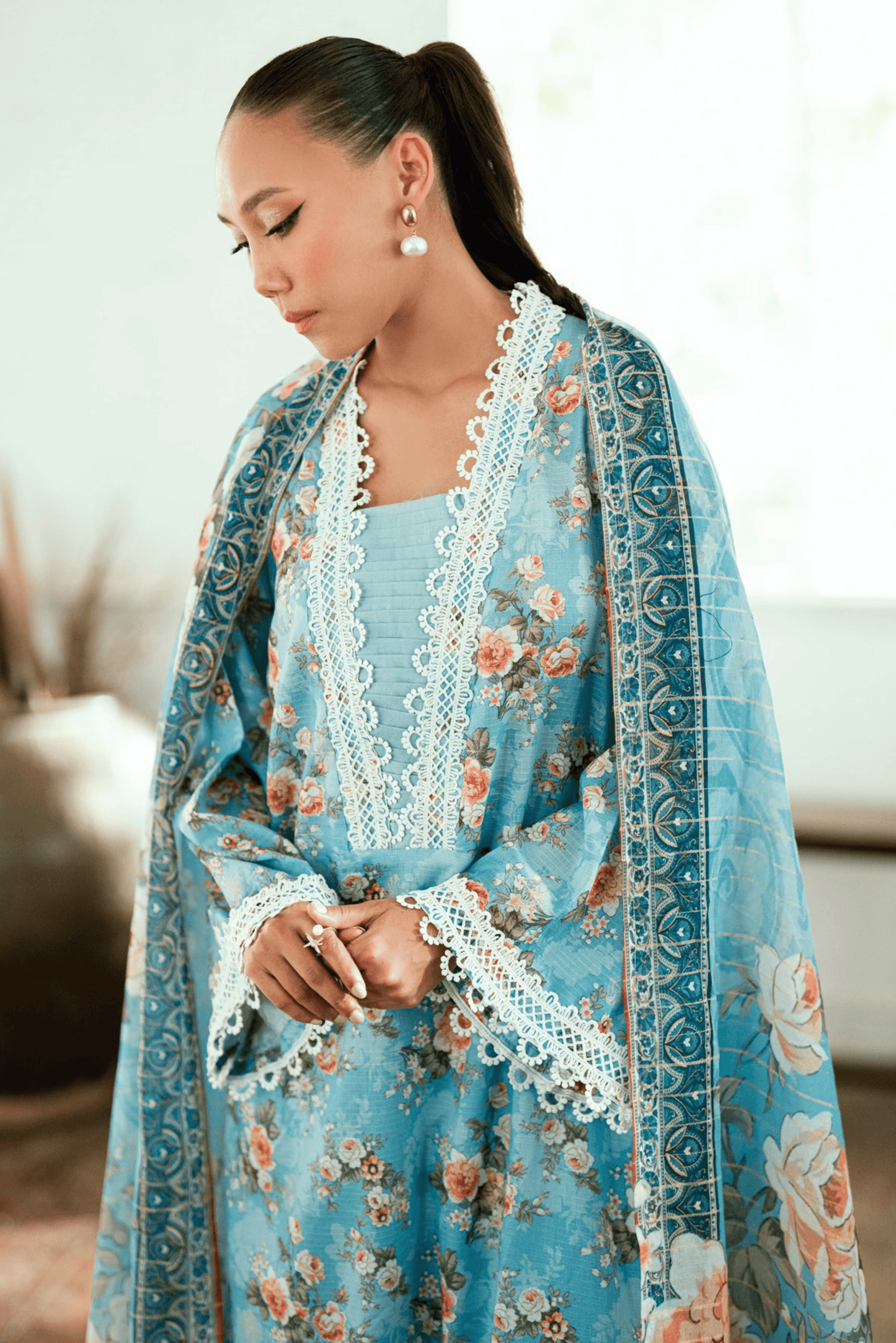 3 Pieces - Regalia Unstitched Sky Blue Jscquard Cambric Suit