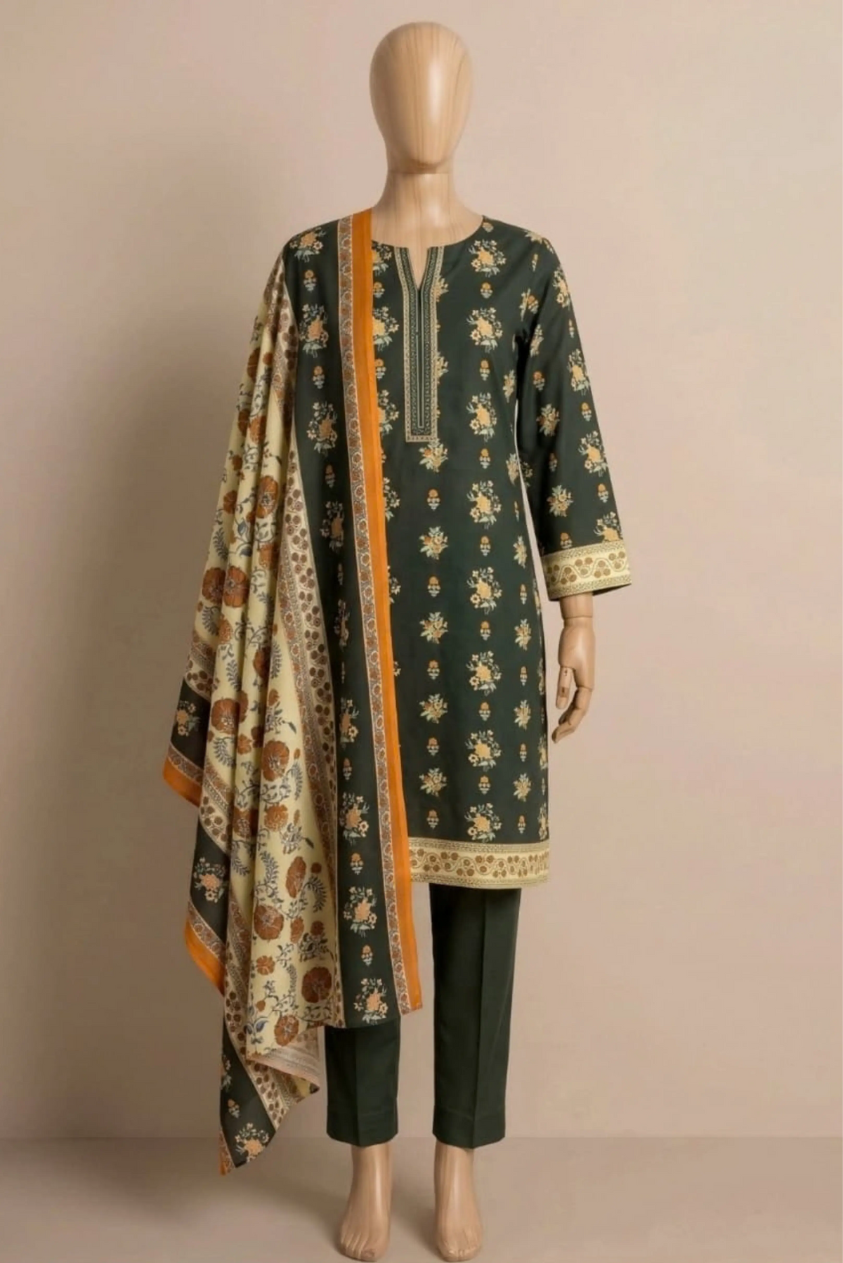 3 Pieces - Rijja By Murashe Unstitched Dark Green Ladies Khaddar Suit