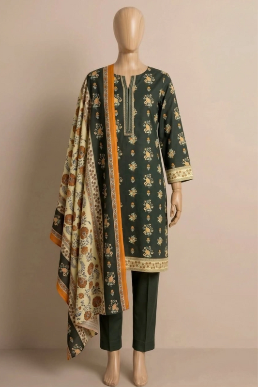 3 Pieces - Rijja By Murashe Unstitched Dark Green Ladies Khaddar Suit