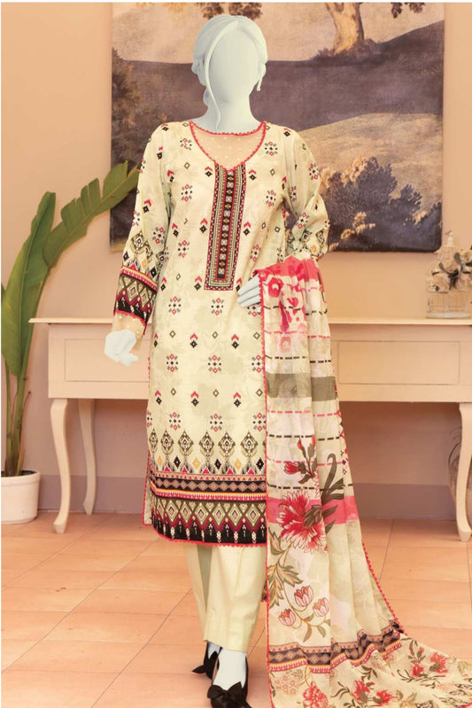 3 Pieces - Murashee Unstitched Off White Printed Lawn Suit