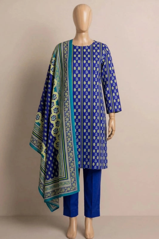 3 Pieces - Rijja By Murashe Unstitched Royal Blue Ladies Printed  Khaddar Suit