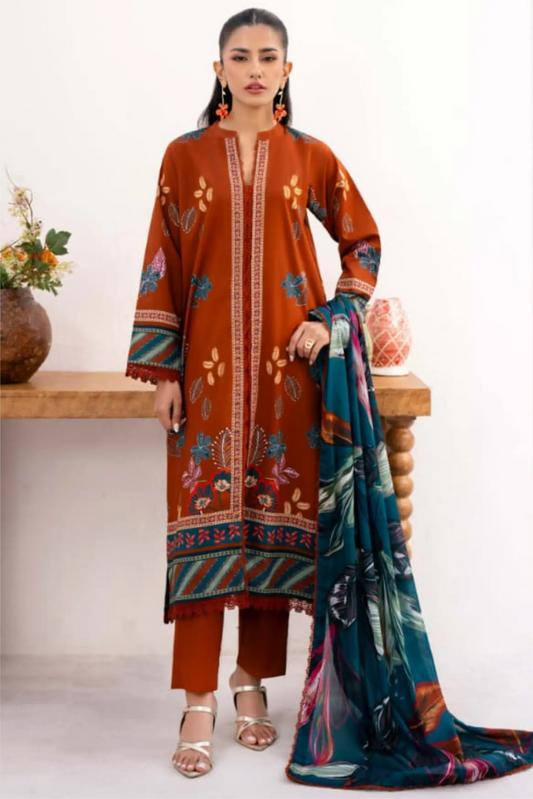 3 Pieces - Yakeen By Asifa Unstitched  Orange Ladies Lawn Suit
