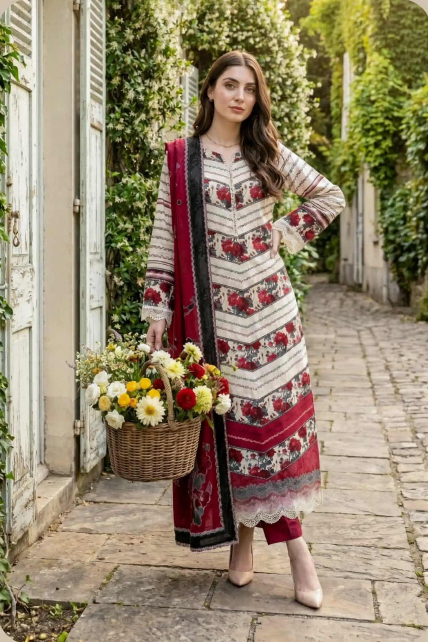 3 Pieces -Sonu Ali  Unstitched  Red Lawn Suit