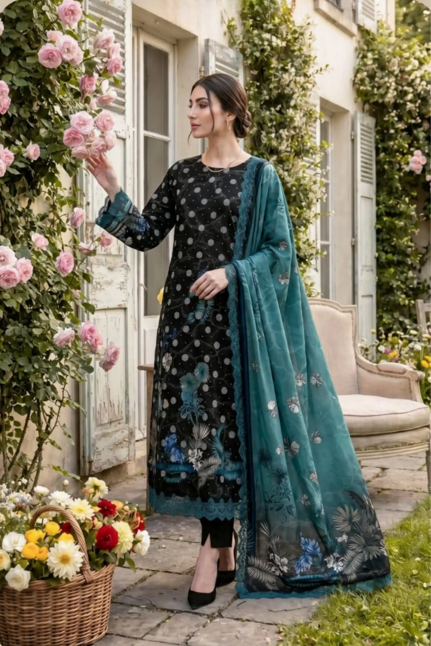 3 Pieces -Sonu Ali  Unstitched  Black Lawn Suit