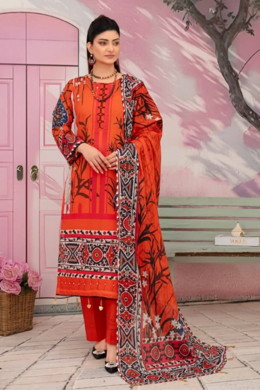 3 Piece - Fabiha By Feroza Unstitched  Orange Lawn Suit