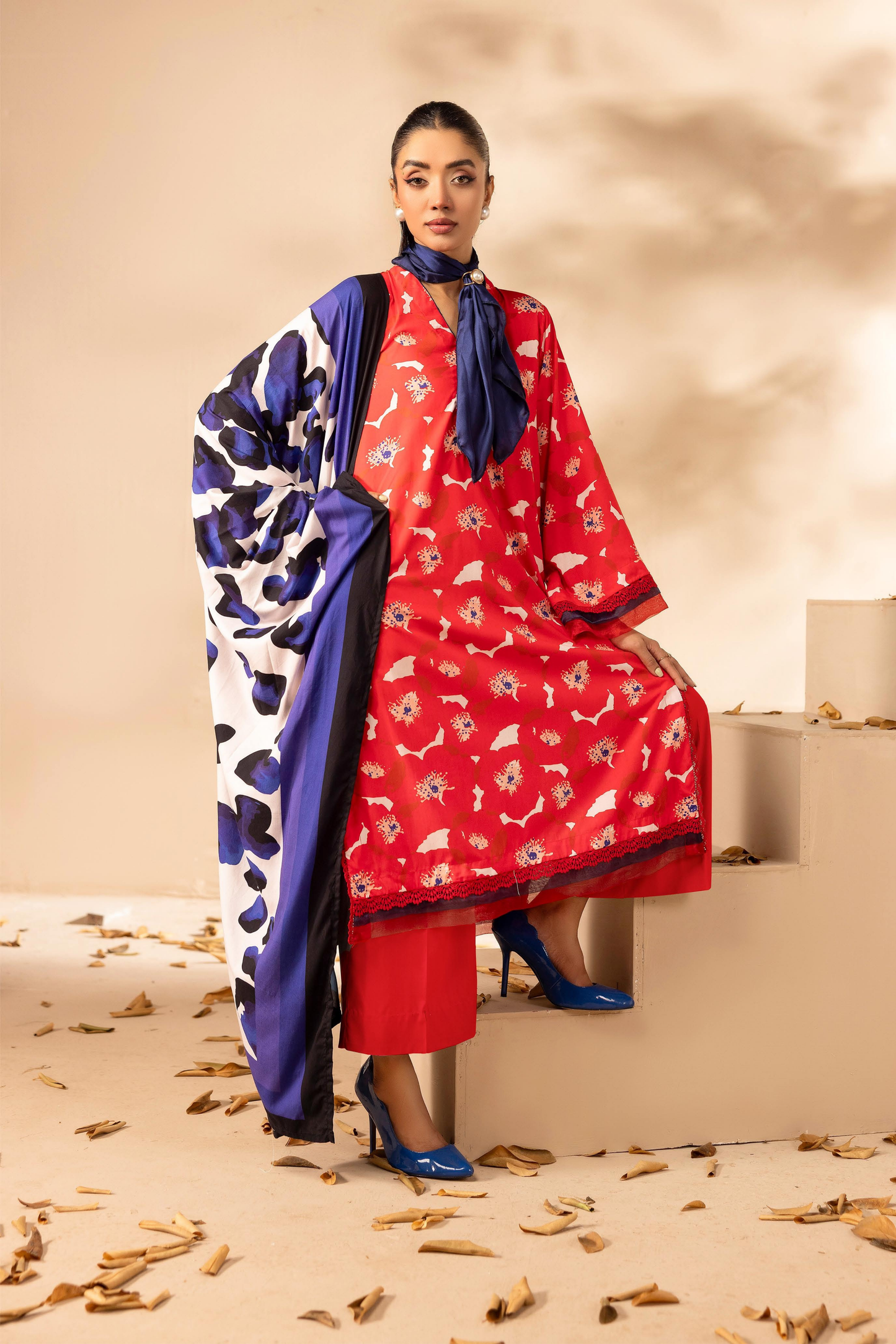 3 Pieces - Rangreza Unstitched Red Printed Linen Suit